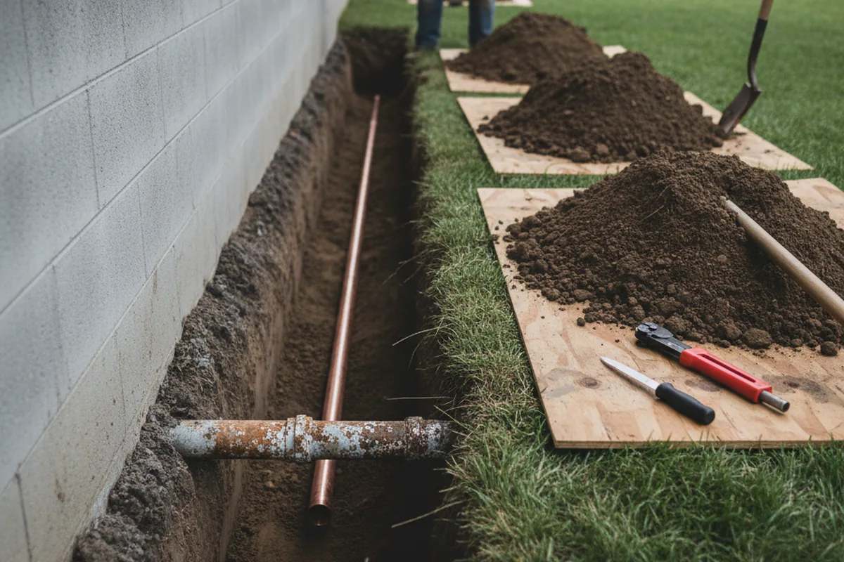 Excavated water line trench during Water Softener Installation in Oakford